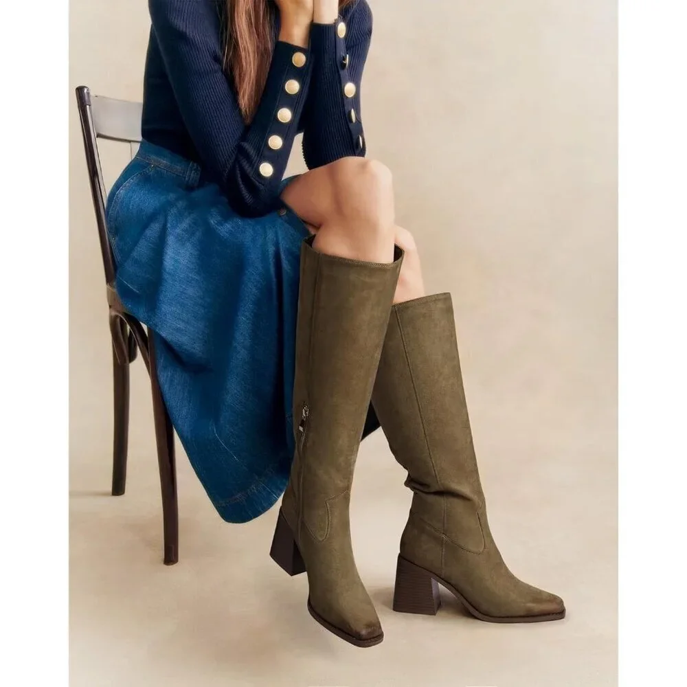 Women Dusty Green Polyurethane Knee High Square Toe Side Zipper Block Heel Boot